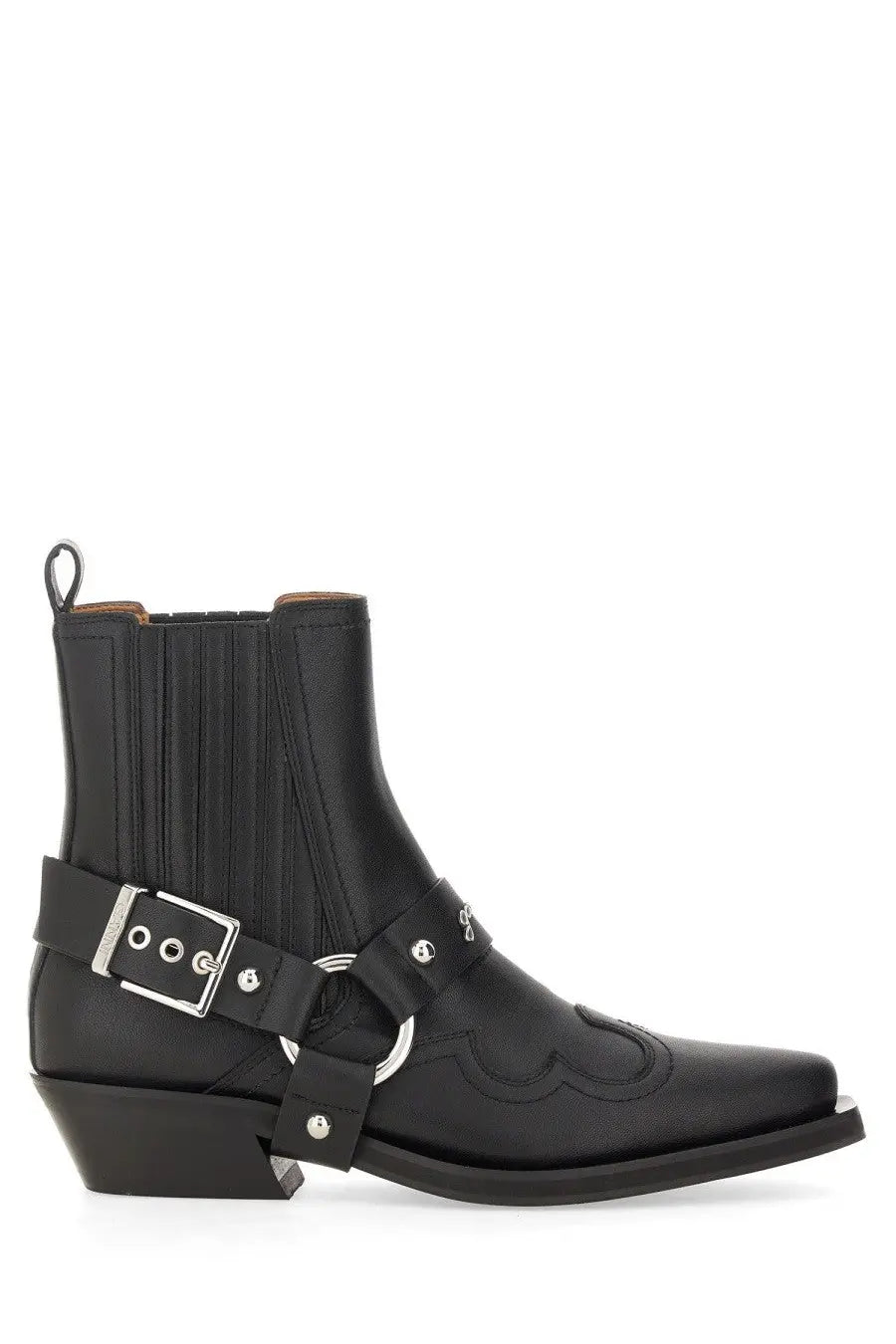 Black leather ganni women’s chelsea western fitted boot with silver buckle and ring accents