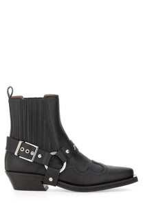 Black leather ganni women’s chelsea western fitted boot with silver buckle and ring accents