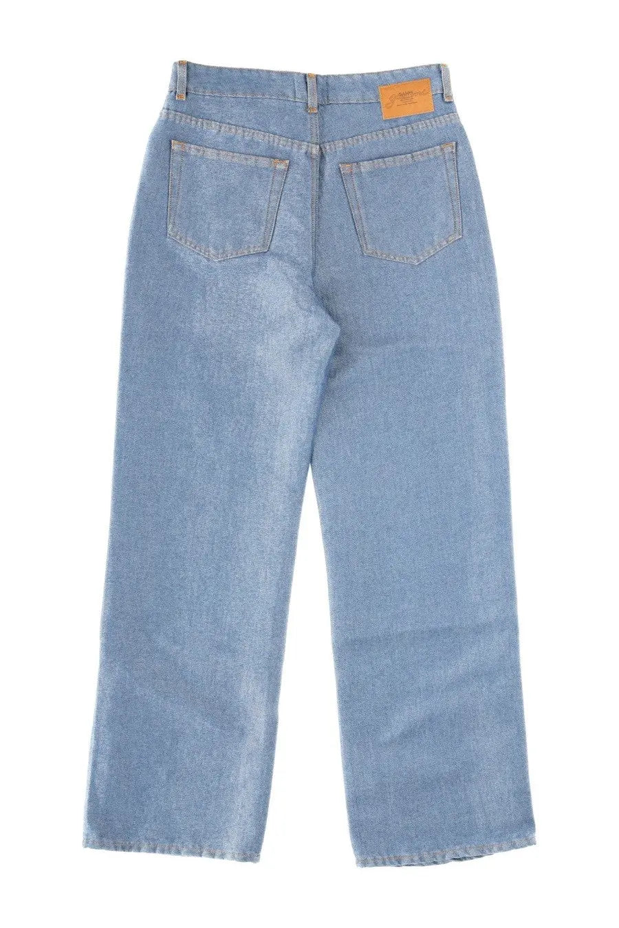 Ganni womens cotton denim jeans blue in light wash with classic straight leg cut and faded stitching details