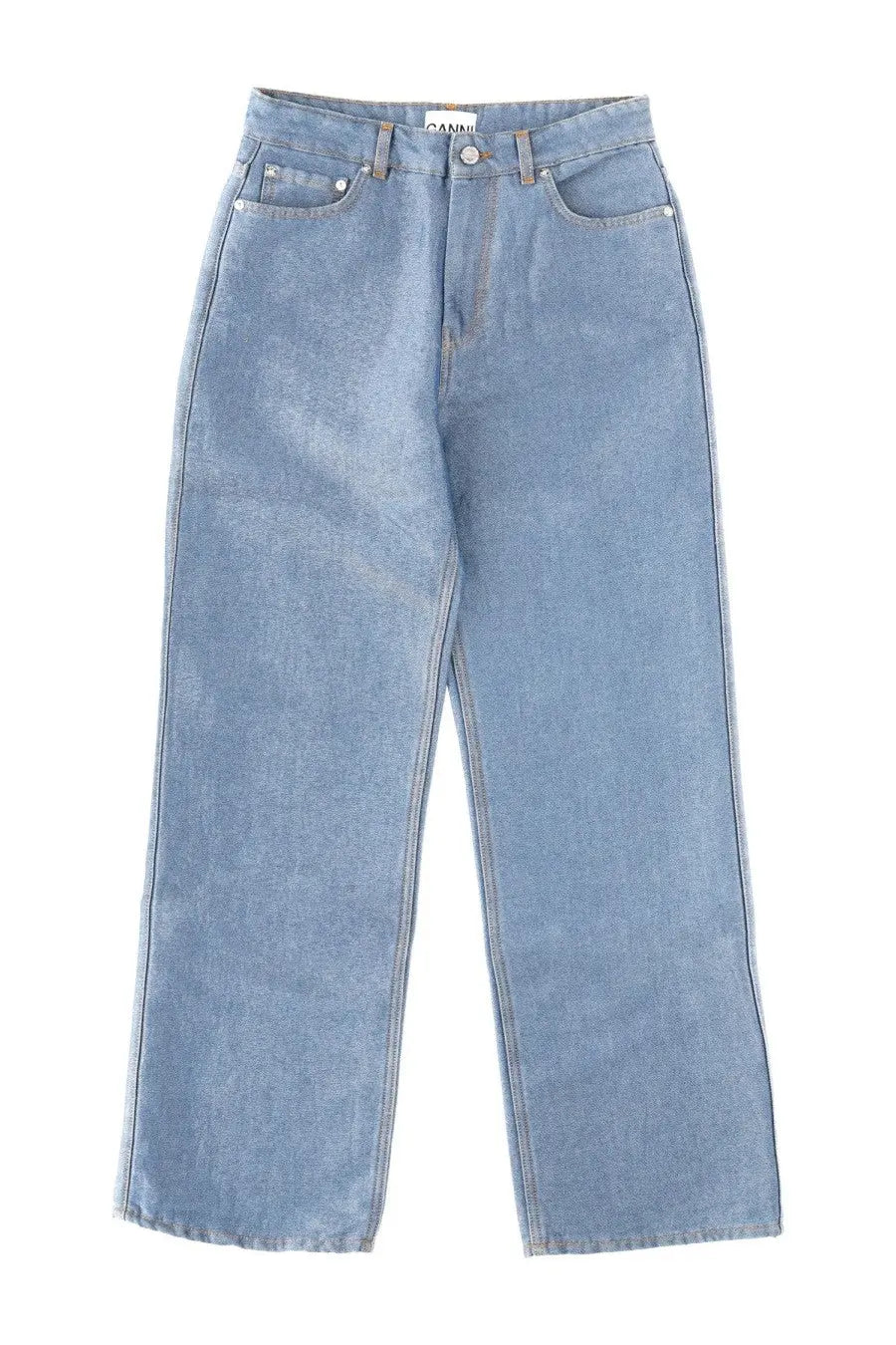 Ganni women’s cotton denim jeans in blue with light-wash, high-rise, straight-leg cut, and classic five-pocket design