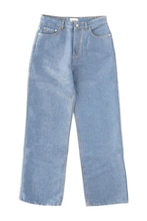 Ganni women’s cotton denim jeans in blue with light-wash, high-rise, straight-leg cut, and classic five-pocket design