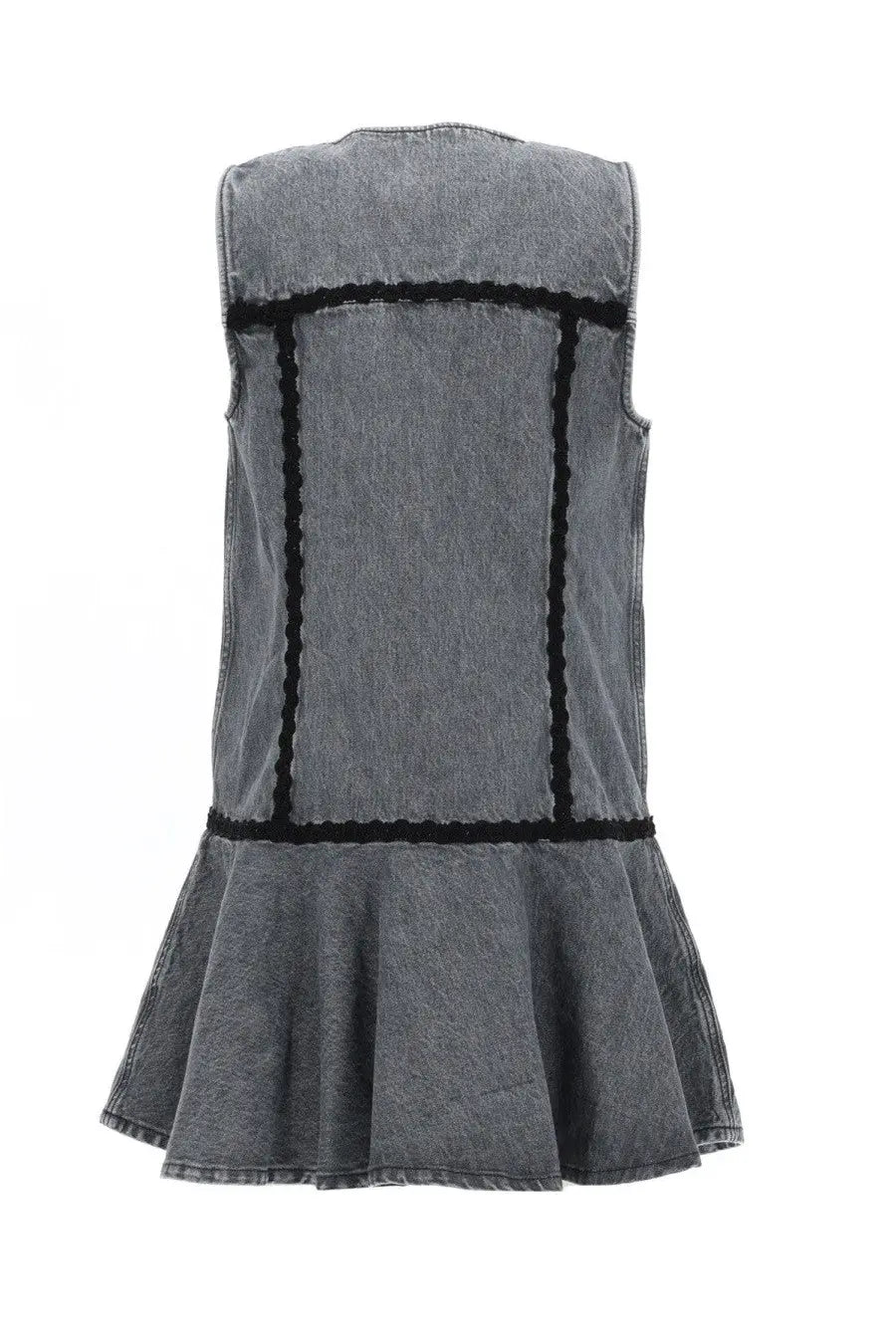 Ganni women’s gray cotton mini dress in denim with black lace trim and a flared sleeveless design
