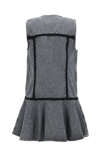 Ganni women’s gray cotton mini dress in denim with black lace trim and a flared sleeveless design