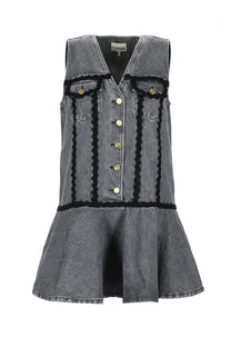 Ganni women’s gray cotton mini dress with sleeveless denim design black crochet trim and gold-tone buttons down front