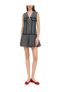 Ganni women’s grey cotton mini dress with sleeveless denim style v-neck front button closure and black trim detailing