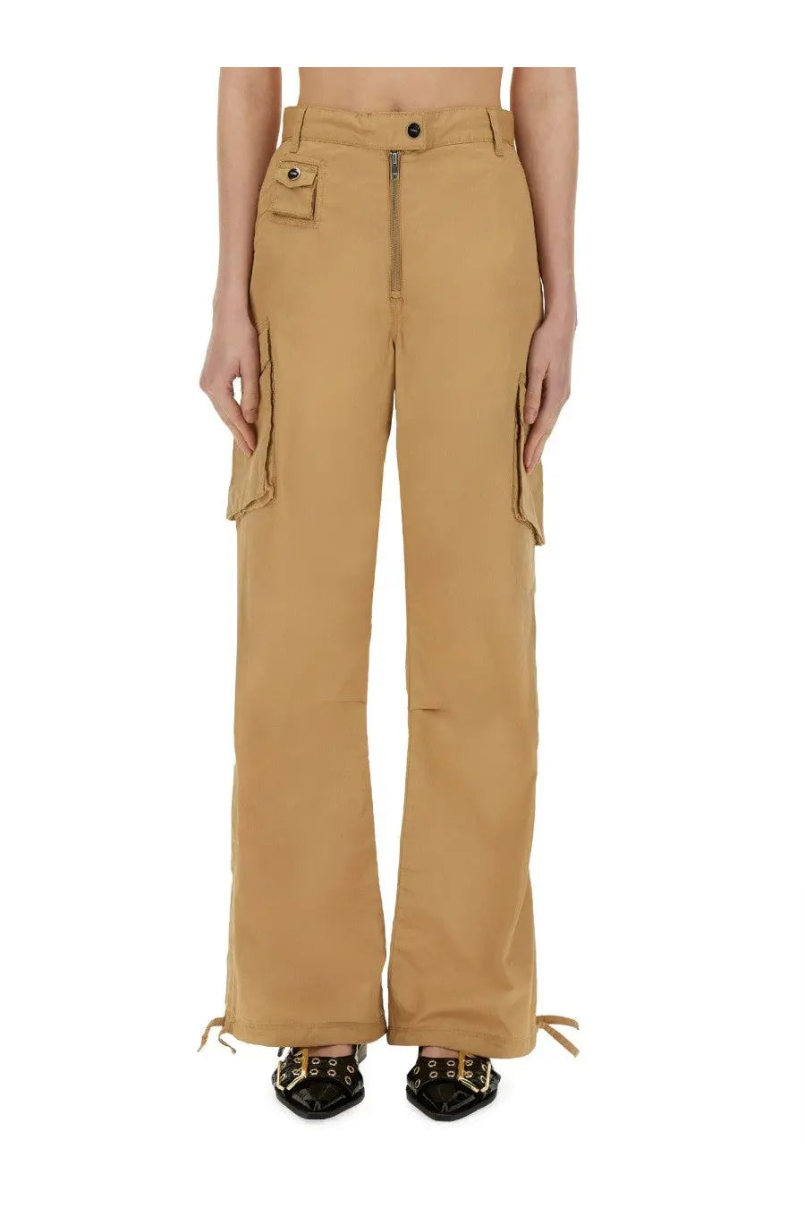 Ganni women’s beige cotton twill cargo pants with flap pockets and drawstring cuffs in tan color