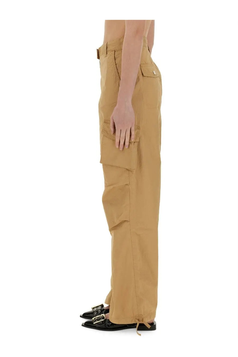 Ganni women’s beige cotton twill cargo pants with multiple pockets and a drawstring hem for casual wear