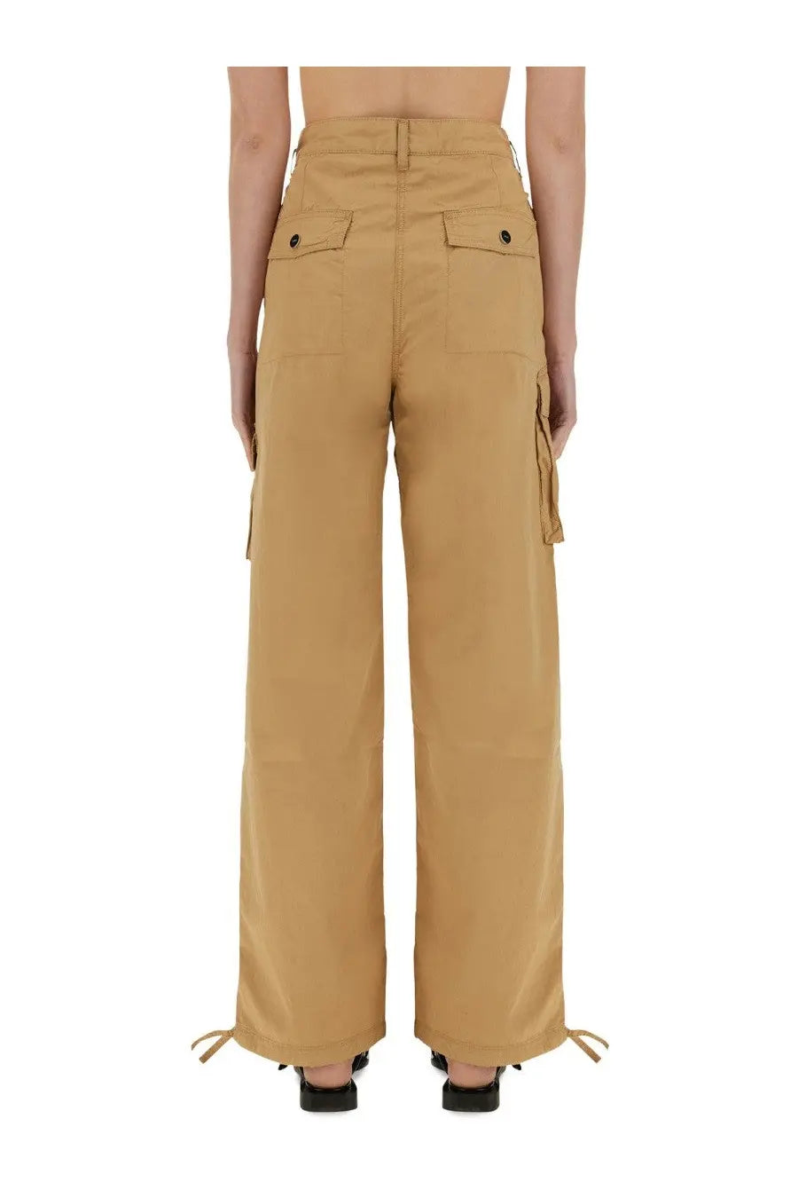 Ganni women’s beige cotton twill cargo pants with wide legs side pockets and adjustable ankle drawstrings