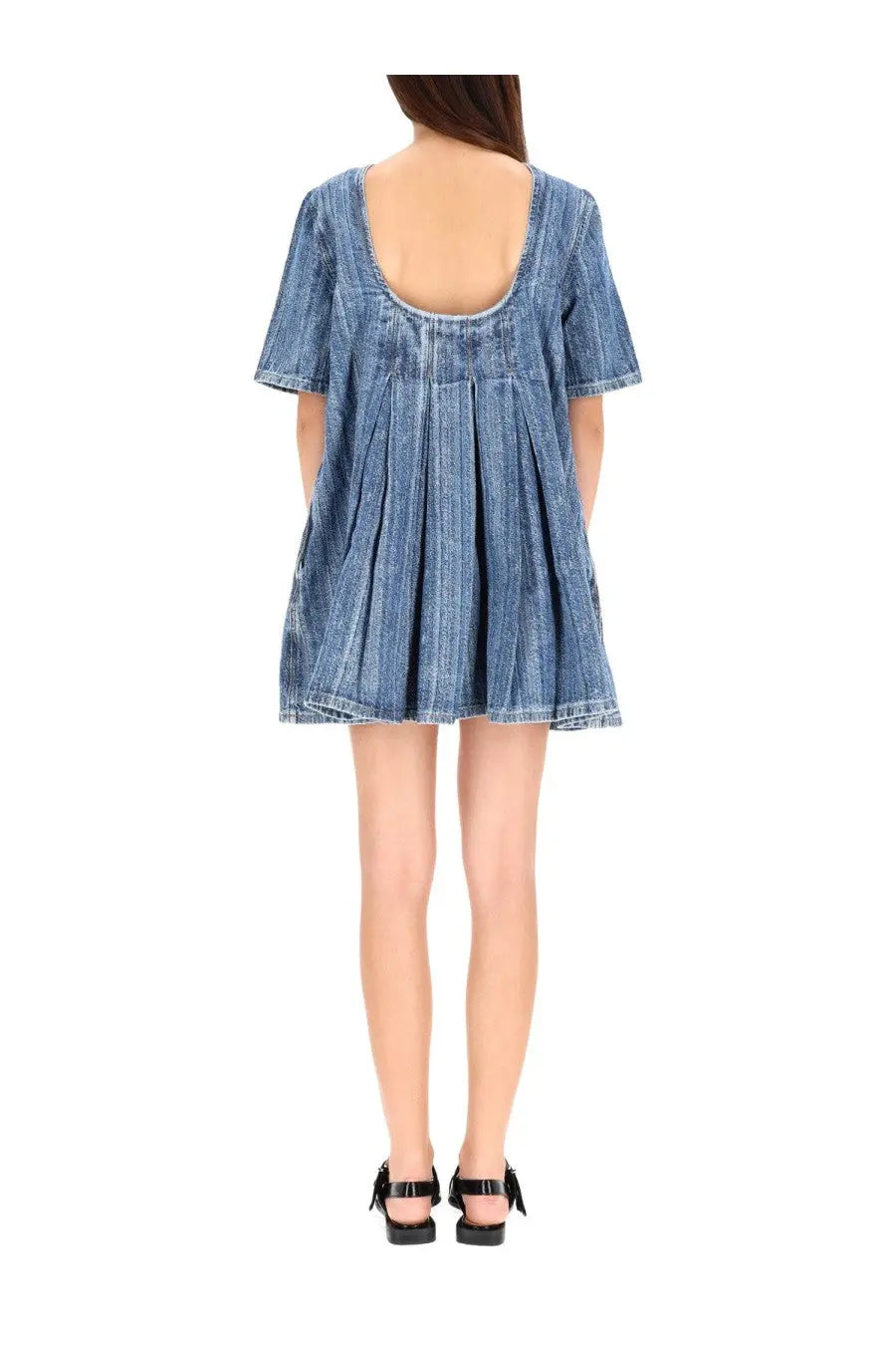 Blue denim mini dress by ganni with square neckline and pleated skirt in durable denim fabric