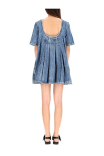 Blue denim mini dress by ganni with square neckline and pleated skirt in durable denim fabric