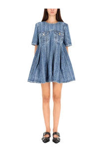 Ganni women’s blue denim dress with short sleeves and two front pockets made of cotton blend fabric