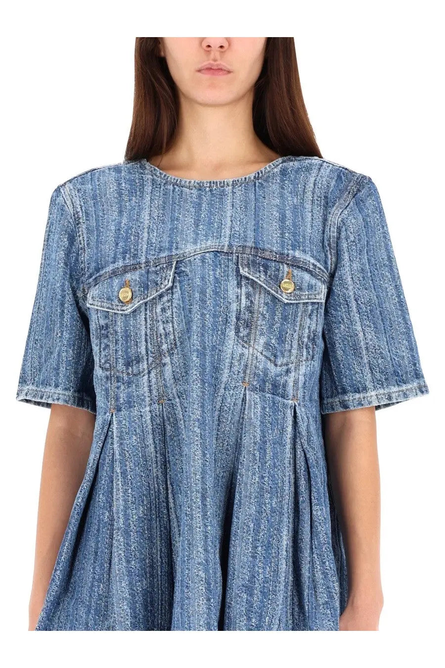 Ganni women’s blue denim dress with short sleeves two front pockets and gold tone buttons