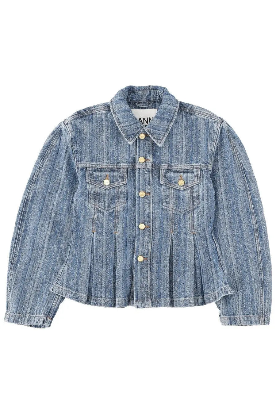 Ganni women’s light-wash denim jacket in blue with pleated hem and gold-tone buttons