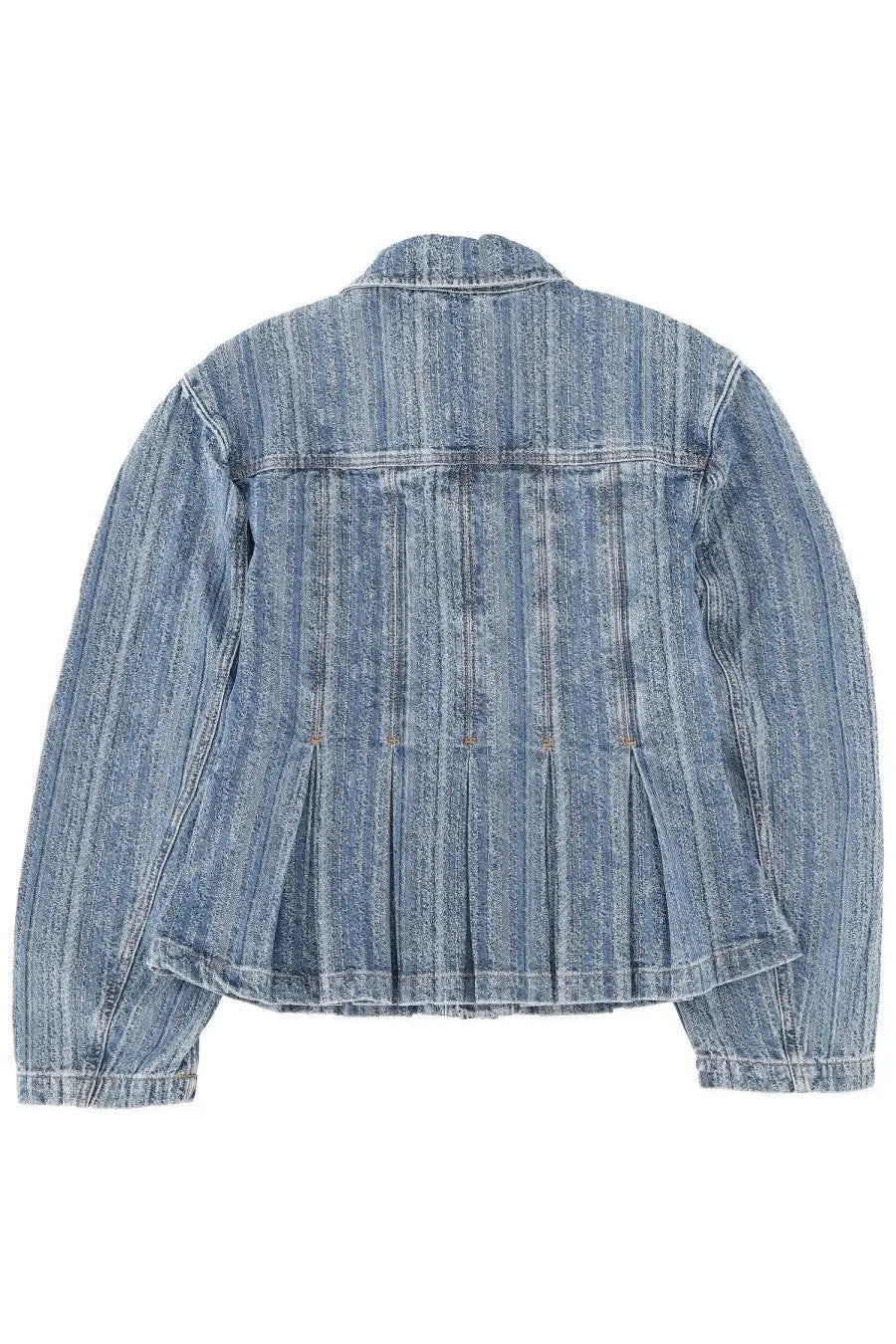 Back view of ganni women’s denim jacket in medium blue with pleated back and vertical striped texture