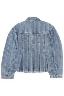 Back view of ganni women’s denim jacket in medium blue with pleated back and vertical striped texture