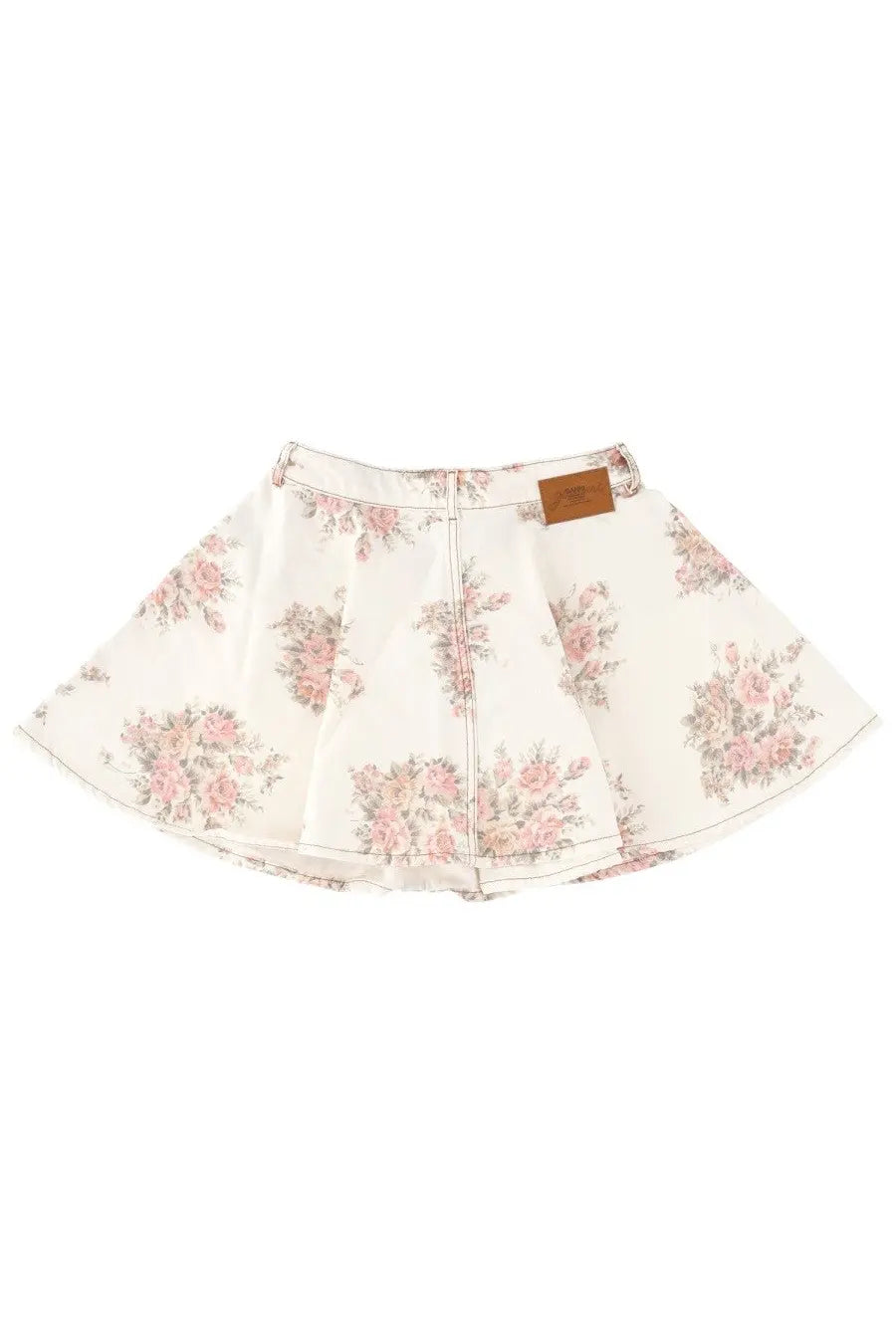 Ganni women’s denim miniskirt in white with flared cream fabric and delicate pink and green floral patterns