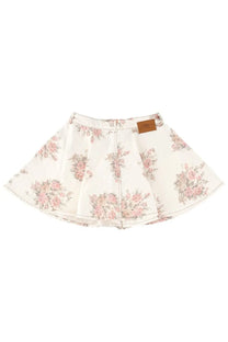 Ganni women’s denim miniskirt in white with flared cream fabric and delicate pink and green floral patterns