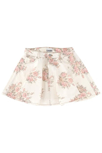 Ganni women’s denim miniskirt in white with a soft pink and cream floral pattern and a flared pleated silhouette