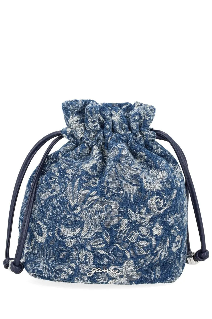 Ganni womens denim tapestry bag blue with a denim blue floral drawstring pouch and silver embroidery with black cords