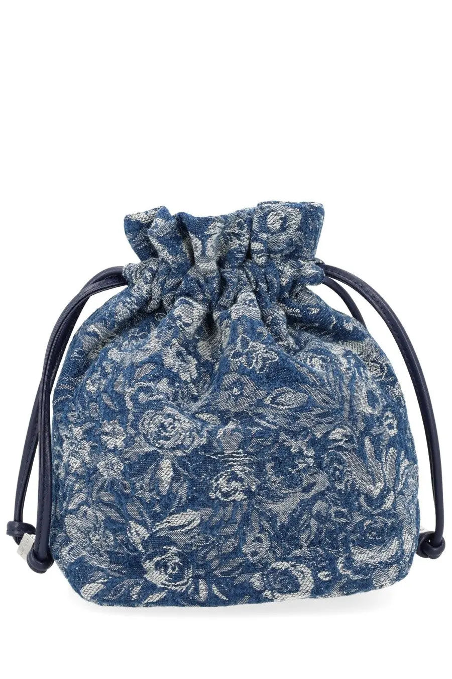 Ganni women’s denim tapestry bag blue featuring a blue floral drawstring pouch with textured fabric and black leather cords