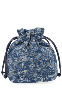 Ganni women’s denim tapestry bag blue featuring a blue floral drawstring pouch with textured fabric and black leather cords