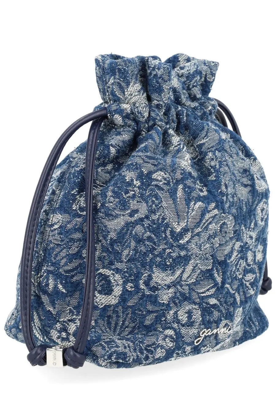 Ganni women’s denim tapestry bag blue with navy blue and silver floral-patterned drawstring pouch textured fabric