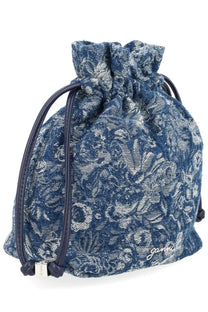 Ganni women’s denim tapestry bag blue with navy blue and silver floral-patterned drawstring pouch textured fabric