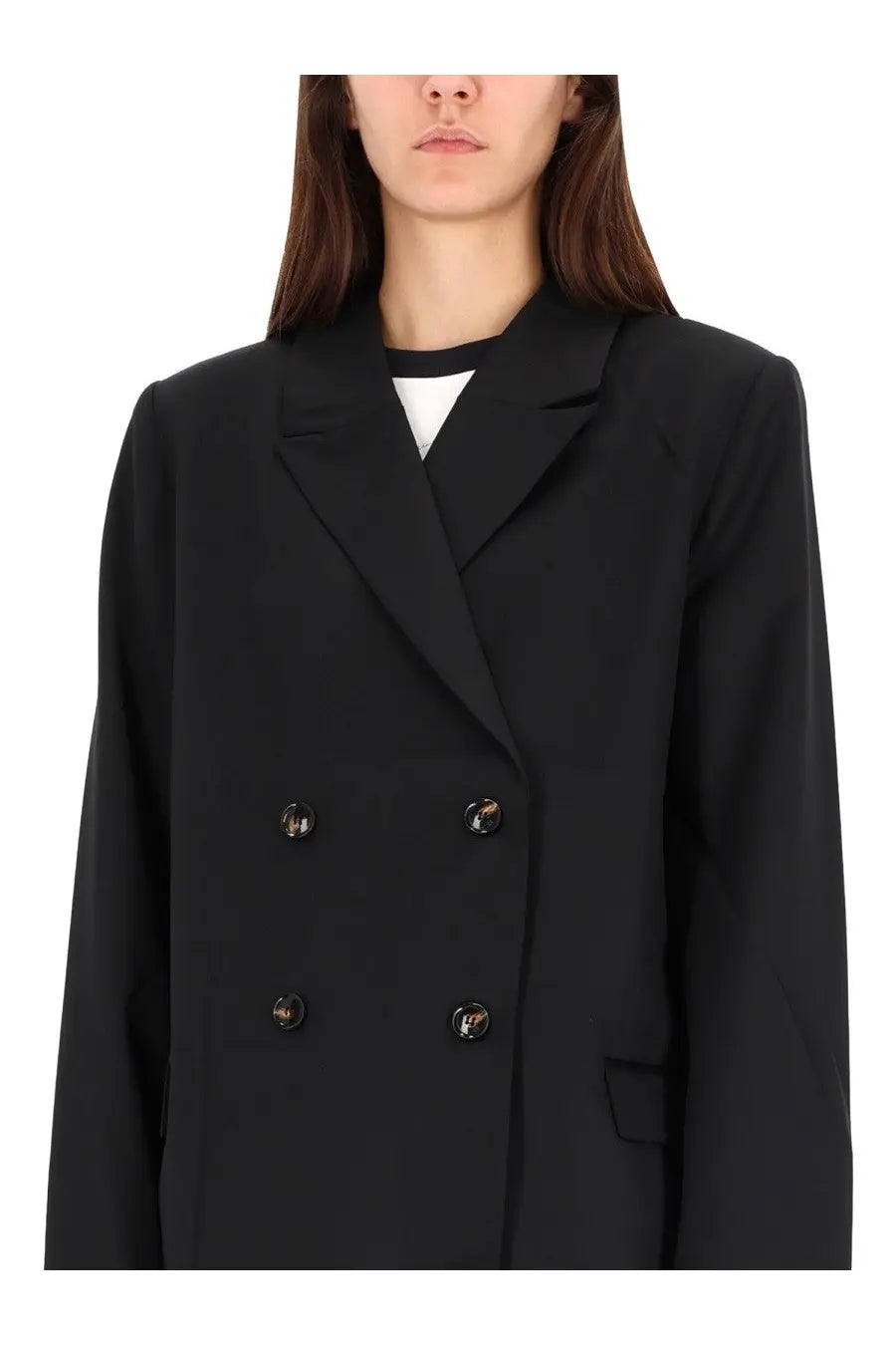 Ganni women’s black double breasted wool jacket with sleek structured shoulders and polished metallic buttons
