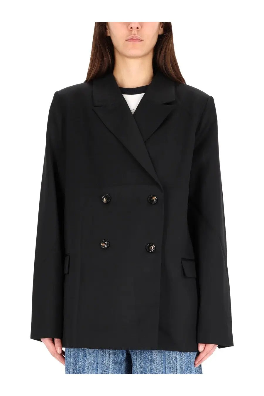 Ganni women’s black double breasted wool jacket with structured shoulders and metallic buttons