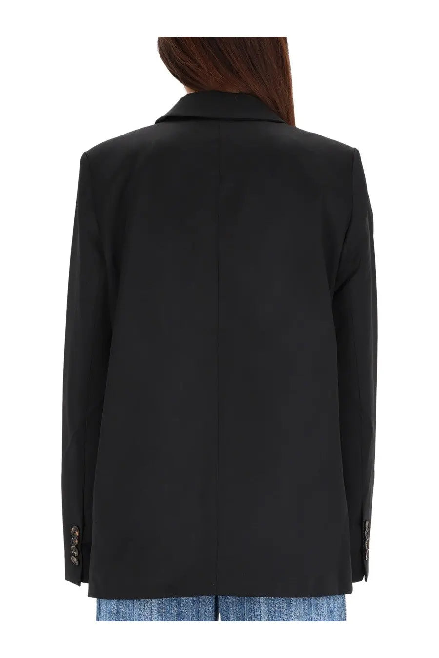 Ganni women’s black double breasted wool blazer with structured silhouette and subtle cuff button detailing