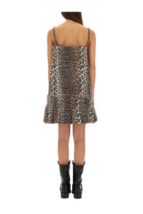 Ganni women’s leopard print mini dress with thin straps and ruffled hem perfect for stylish casual wear