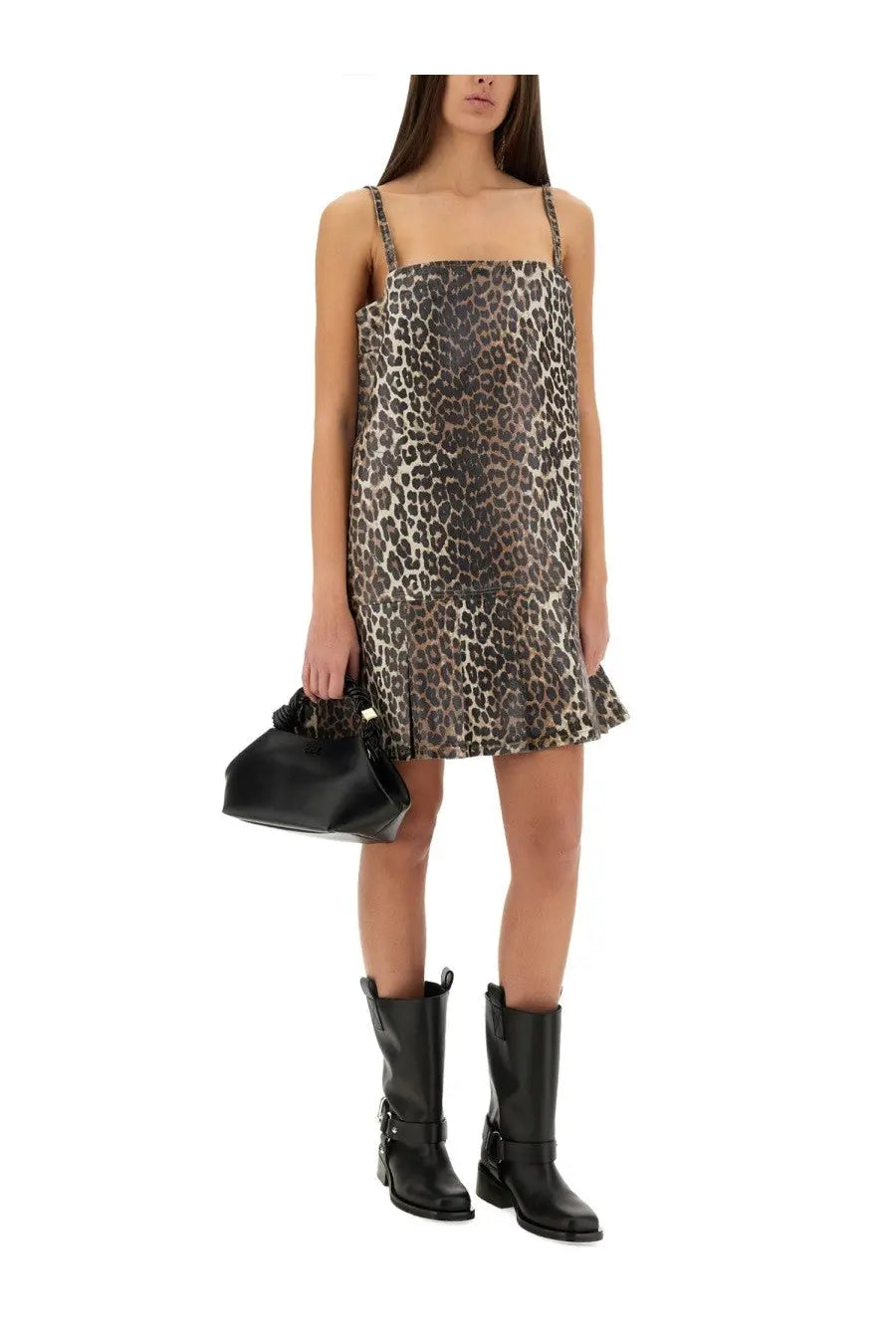 Ganni women’s leopard-print satin mini dress with thin straps and a flared hem
