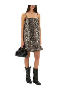 Ganni women’s leopard-print satin mini dress with thin straps and a flared hem