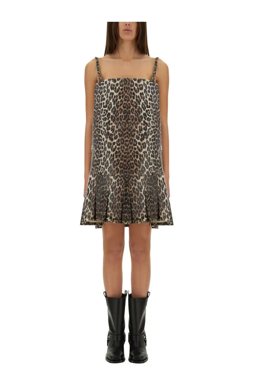 Ganni women’s sleeveless leopard-print mini dress with thin spaghetti straps and a flared hem in lightweight fabric