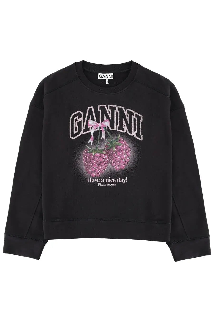 Black Ganni sweatshirt with sparkling pink cherry graphic and have a nice day print in grey Felpa material