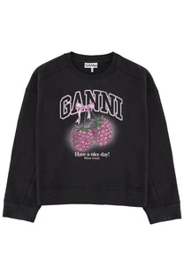 Black Ganni sweatshirt with sparkling pink cherry graphic and have a nice day print in grey Felpa material