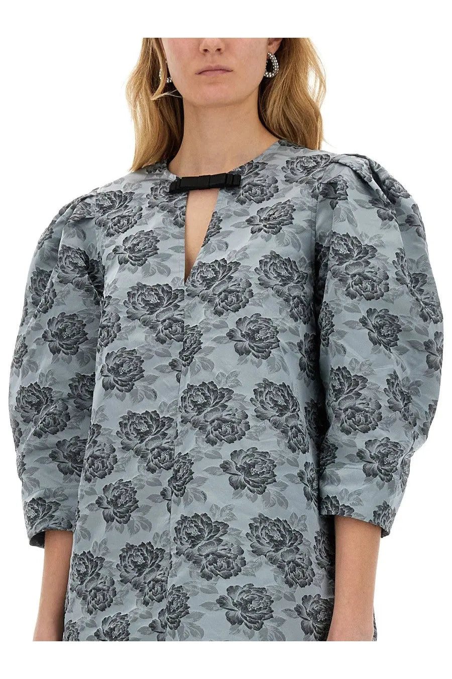 Ganni women’s floral jacquard mini dress in blue with light gray fabric, black floral pattern, and puffed sleeves