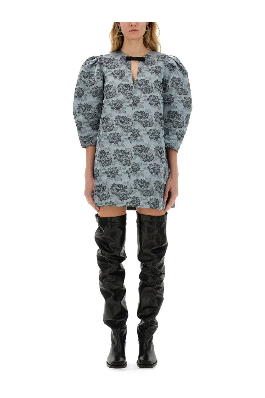 Ganni women’s floral jacquard mini dress in light blue with puffed sleeves and a black bow at the neckline