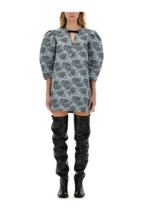 Ganni women’s floral jacquard mini dress in light blue with puffed sleeves and a black bow at the neckline