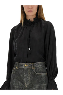 Black satin blouse with ruffled neckline and long sleeves from Ganni womens fluid cupro shirt black collection