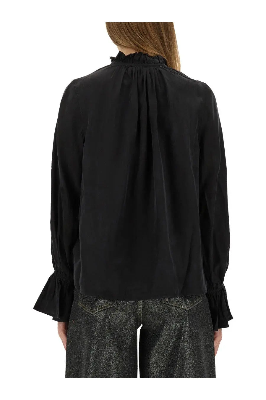 Ganni women’s fluid cupro shirt black satin blouse with ruffled neckline and flared sleeves front view