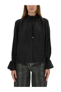 Ganni women’s fluid cupro black satin blouse with ruffled neckline and flared sleeves