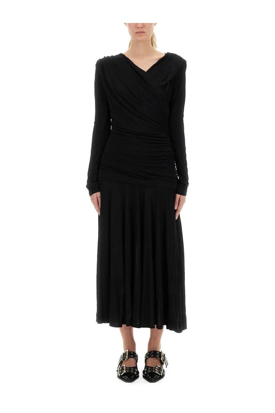 Ganni women’s black long-sleeved midi dress with draped v-neckline ruched bodice and pleated skirt