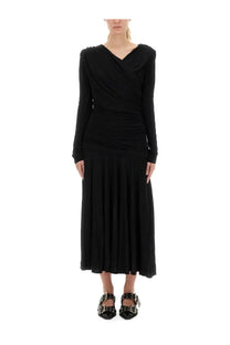 Ganni women’s black long-sleeved midi dress with draped v-neckline ruched bodice and pleated skirt