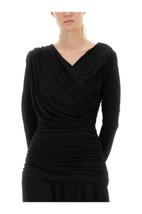 Ganni women’s gathered midi dress black with long sleeves, draped v-neckline, and ruched detailing in lightweight fabric