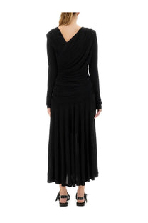 Black long-sleeved pleated midi dress with draped v-neckline and ruched bodice by Ganni women