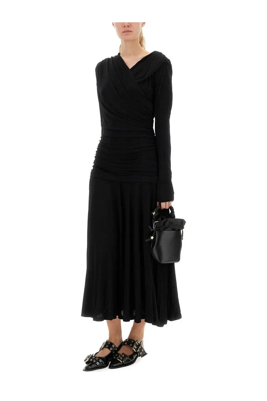Ganni women’s gathered midi dress in black with ruched long sleeves and flowing skirt paired with black studded flats