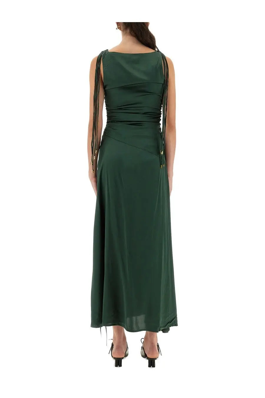 Ganni women’s gathered satin dress green features a sleek emerald green satin maxi with ruched details and gold strap accents