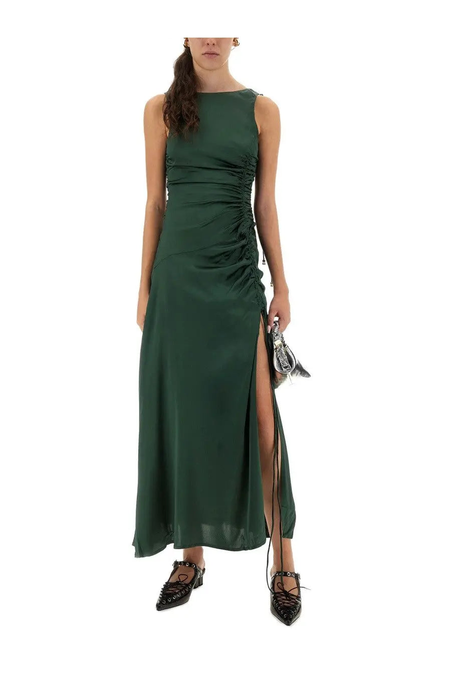 Ganni women’s gathered satin dress green is a sleek emerald satin maxi dress with ruched bodice and high slit