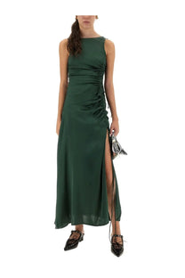 Ganni women’s gathered satin dress green is a sleek emerald satin maxi dress with ruched bodice and high slit